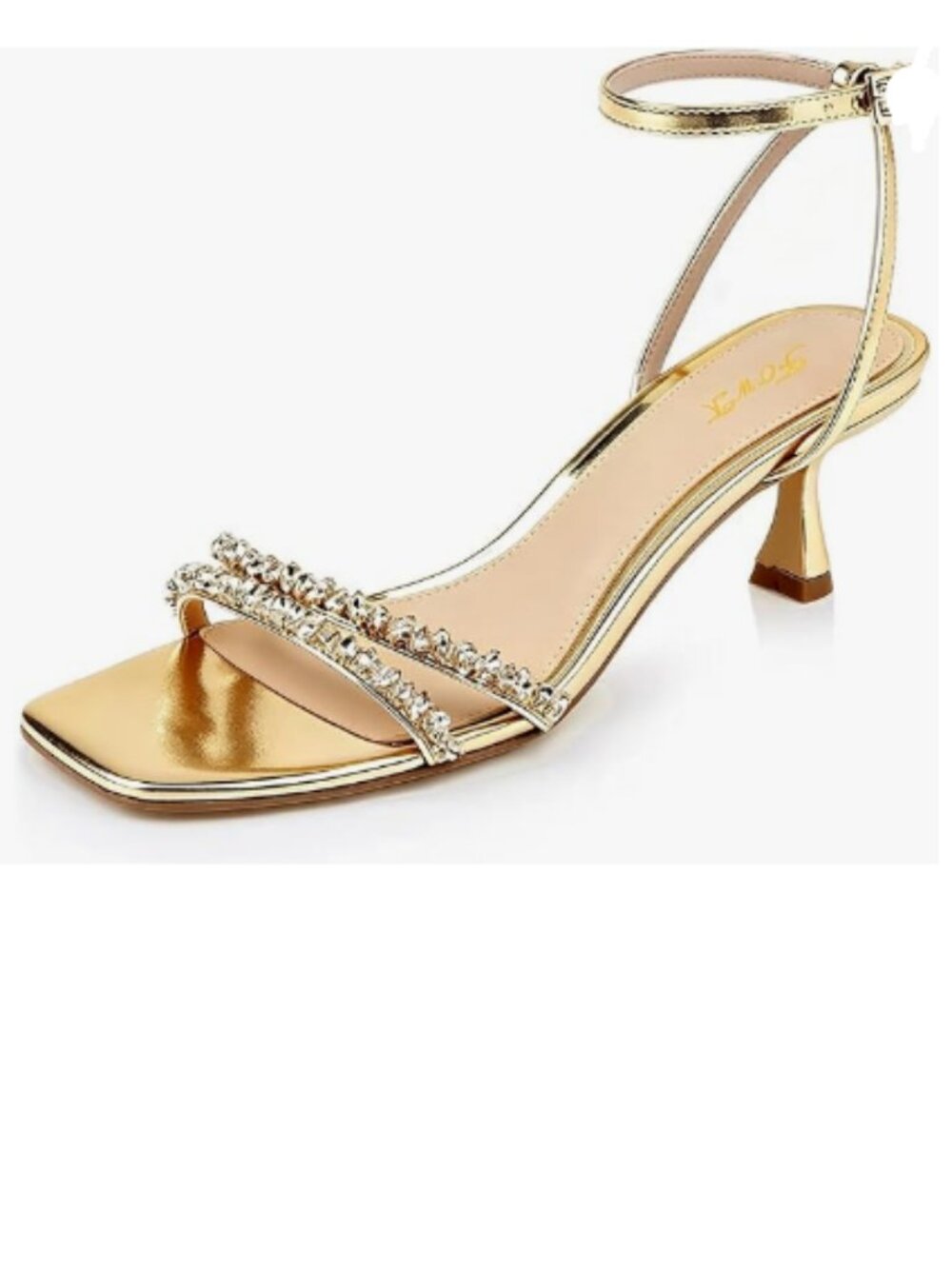 FOWT Gold Rhinestone Strappy Open Toe Sandals Ankle Strap Kitten Heel Shoes
